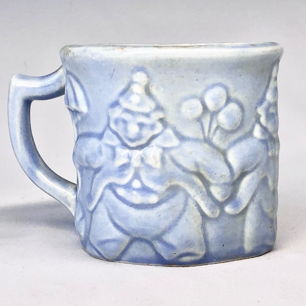 Vintage Hankscraft Red Wing Pottery Blue Baby Mug #971 Cup Clown Umbrella USA